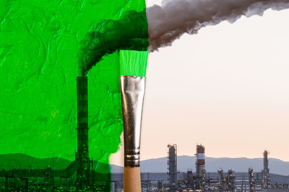 greenwashing illustration, factory smoke covered with green paint